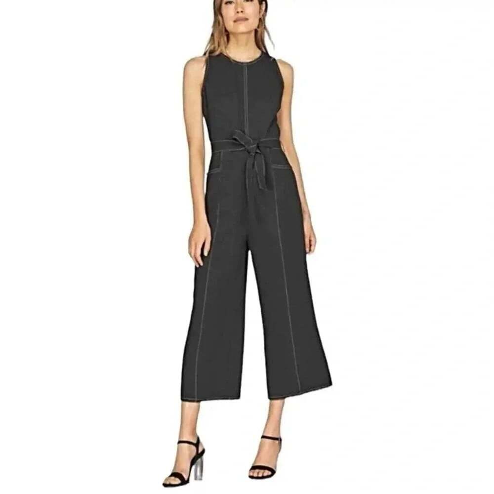 Greylin Isa Contrast Stitch Jumpsuit Womens XS Black Sleeveless Wide Leg Anthro